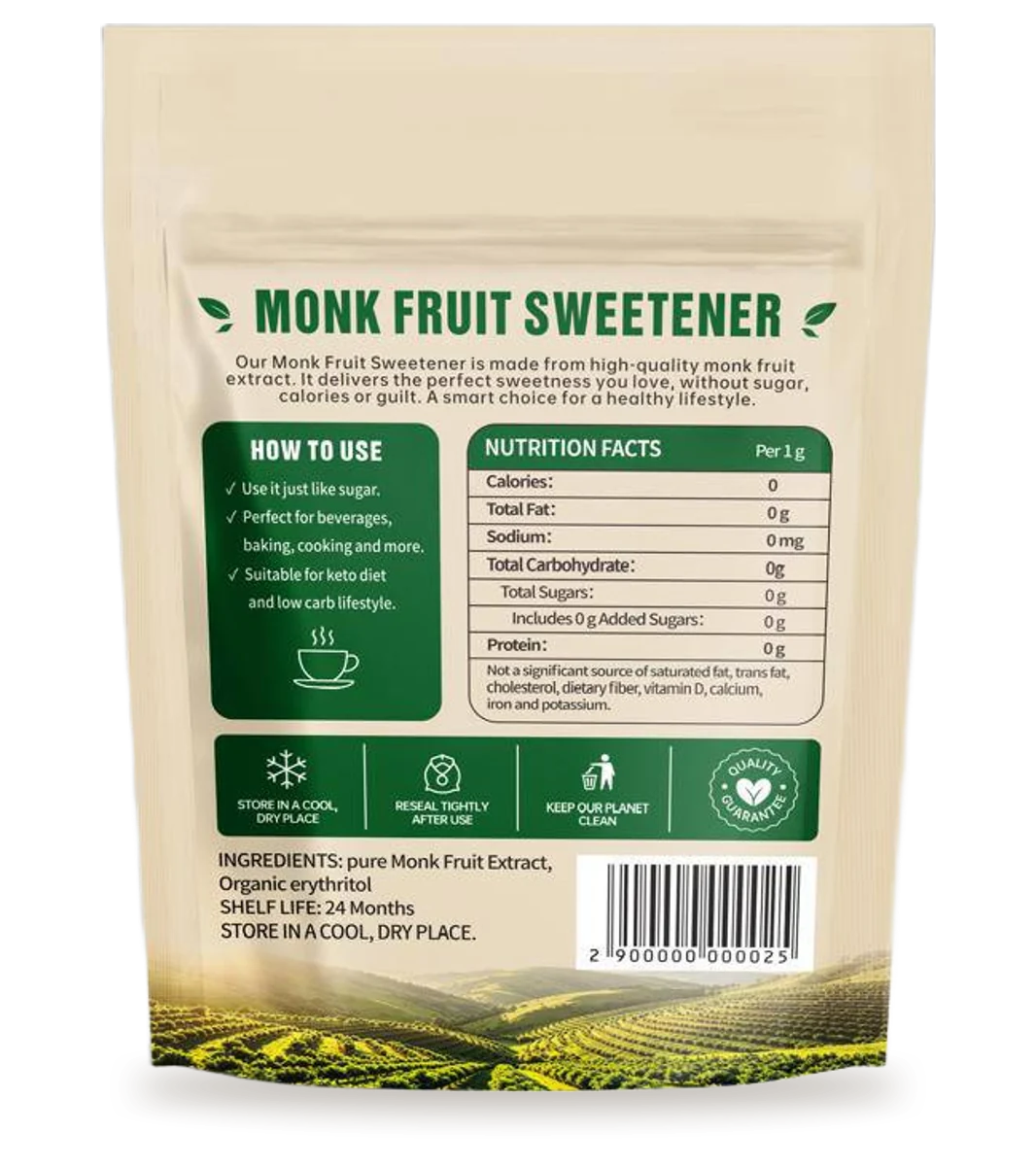 The back of the Monk fruit sweetener pack: ingredients and nutrition facts